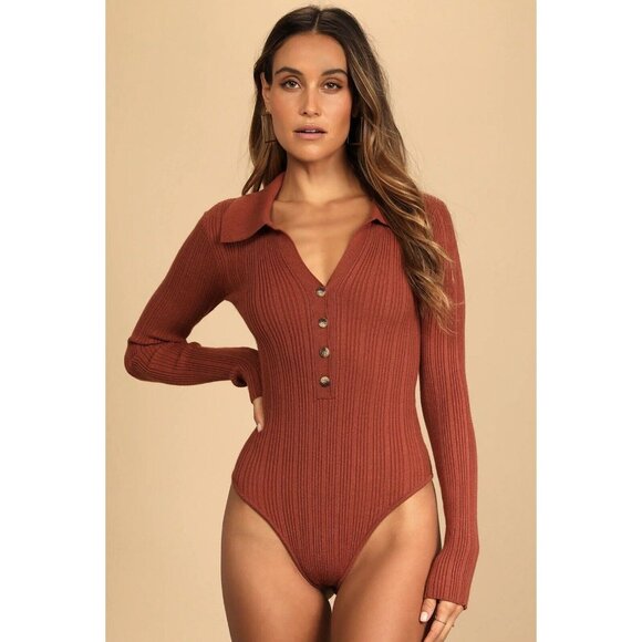 Lulu's Timeless Design Rust Brown Ribbed Button-Up Long Sleeve Bodysuit Size L - Picture 2 of 7